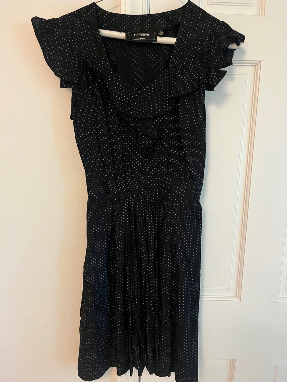 Fletcher Black Polka Dot Midi Dress with Ruffle V-Neck